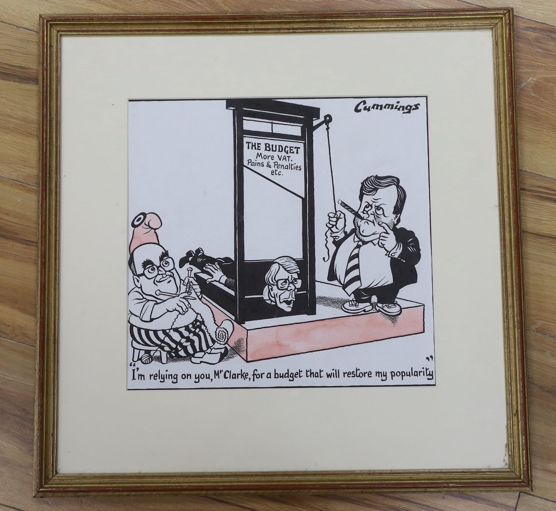 Michael Cummings (1919-1997) , pen, ink and watercolour, 'I'm relying on you, Mr Clarke, for a budget that will restore my popularity', signed, Chris Beetles label verso, 30 x 31cm